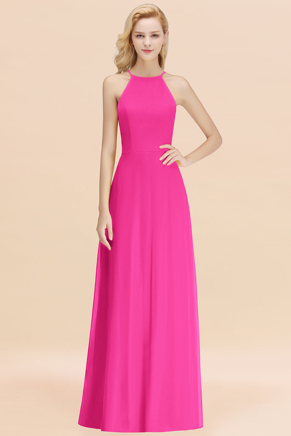 BMbridal Modest High-Neck Yellow Chiffon Affordable Bridesmaid Dresses Online