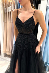 Bmbridal Späghetti-Träger Black Prom Dress Ärmellos Tüll With Split