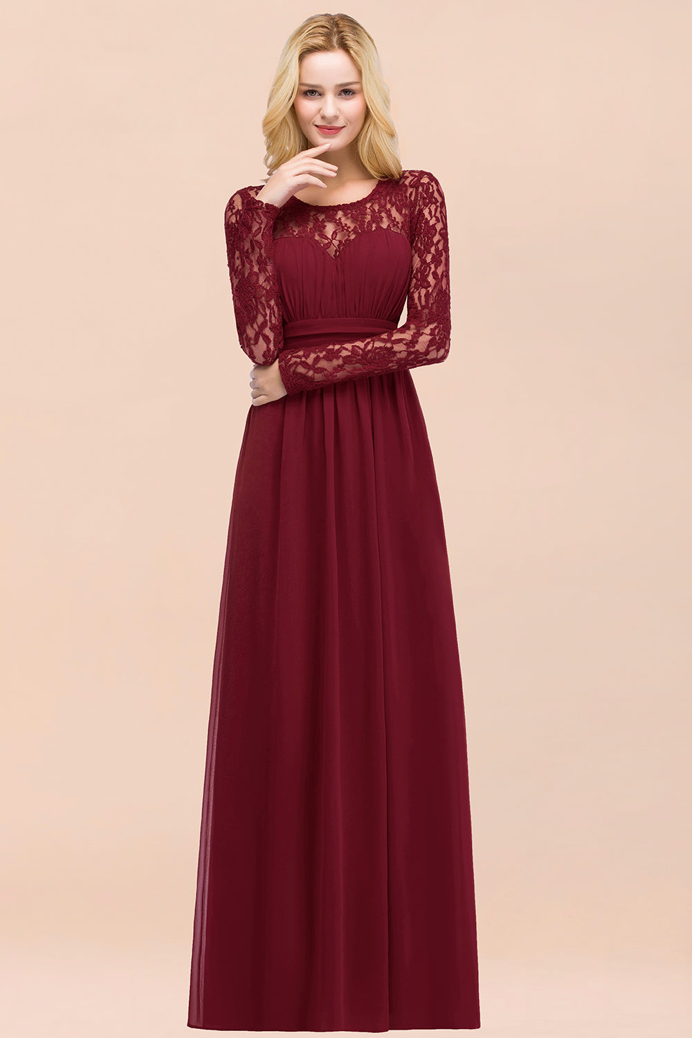 BMbridal Elegant Spitze Burgundy Bridesmaid Dresses Online with Langarm