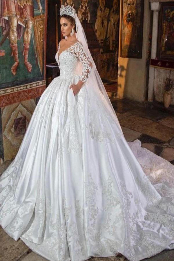 Bmbridal Langarm Duchesse/Herzogin Hochzeit Dress V Ausschnitt With Spitze Applikation