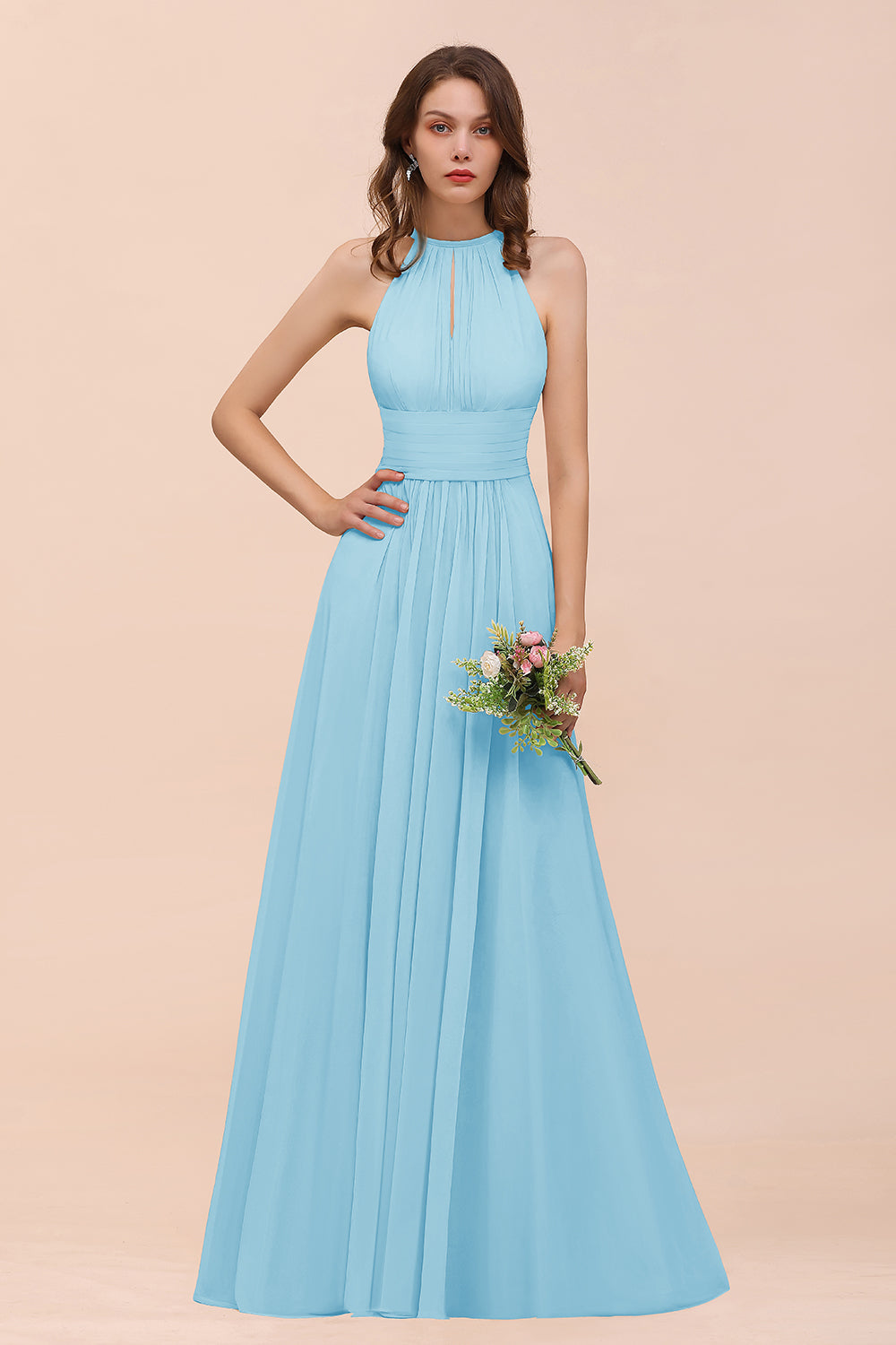 BMbridal Elegant Chiffon Jewel Ruffle Champagne Affordable Bridesmaid Dress Online