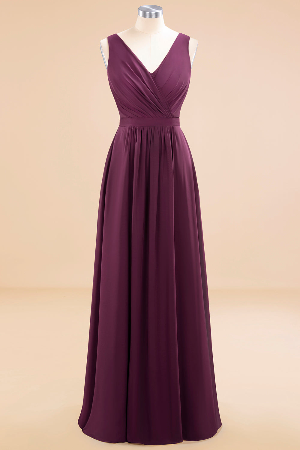 BMbridal Affordable V Ausschnitt Ruffle Long Grape Chiffon Bridesmaid Dress with Schleife