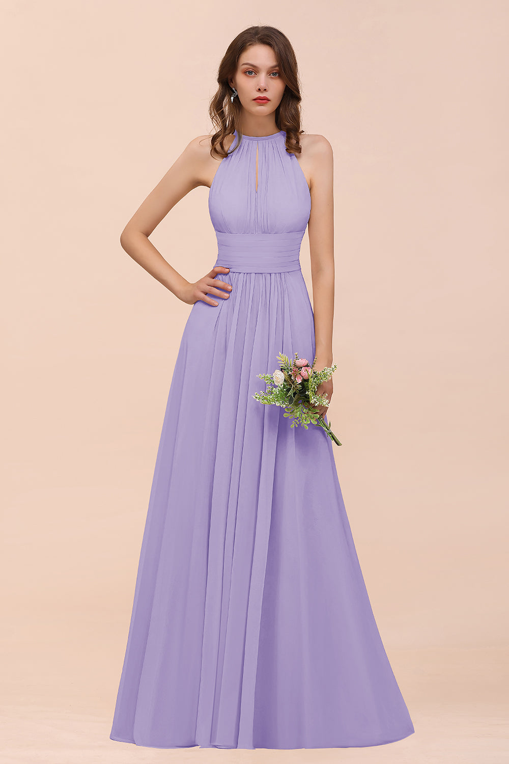 BMbridal Elegant Chiffon Jewel Ruffle Champagne Affordable Bridesmaid Dress Online