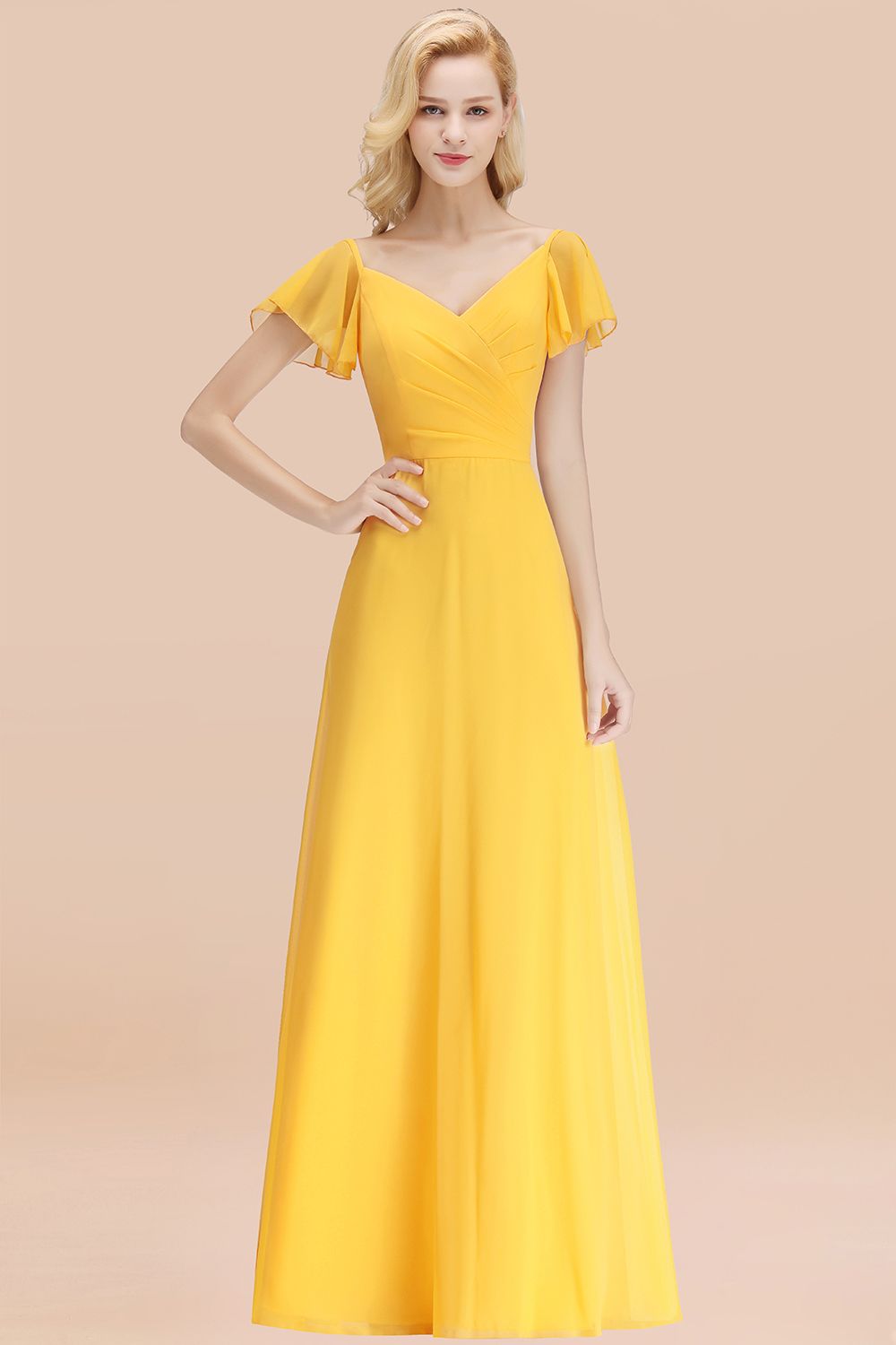 BMbridal Elegent Short-Sleeve Long Bridesmaid Dress Online Yellow Chiffon Hochzeit Party Dress