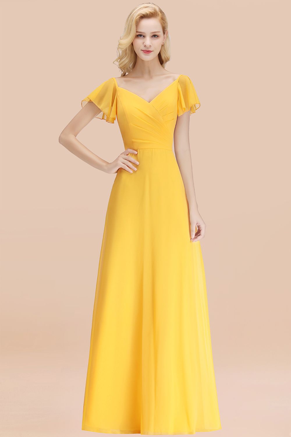 Laden Sie das Bild in den Galerie-Viewer, BMbridal Elegent Short-Sleeve Long Bridesmaid Dress Online Yellow Chiffon Hochzeit Party Dress
