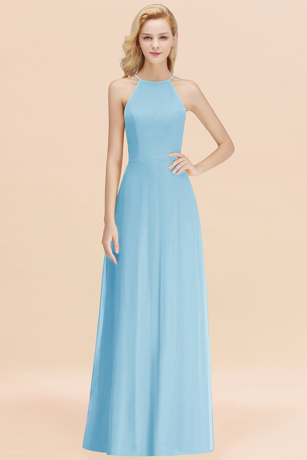 BMbridal Modest High-Neck Yellow Chiffon Affordable Bridesmaid Dresses Online