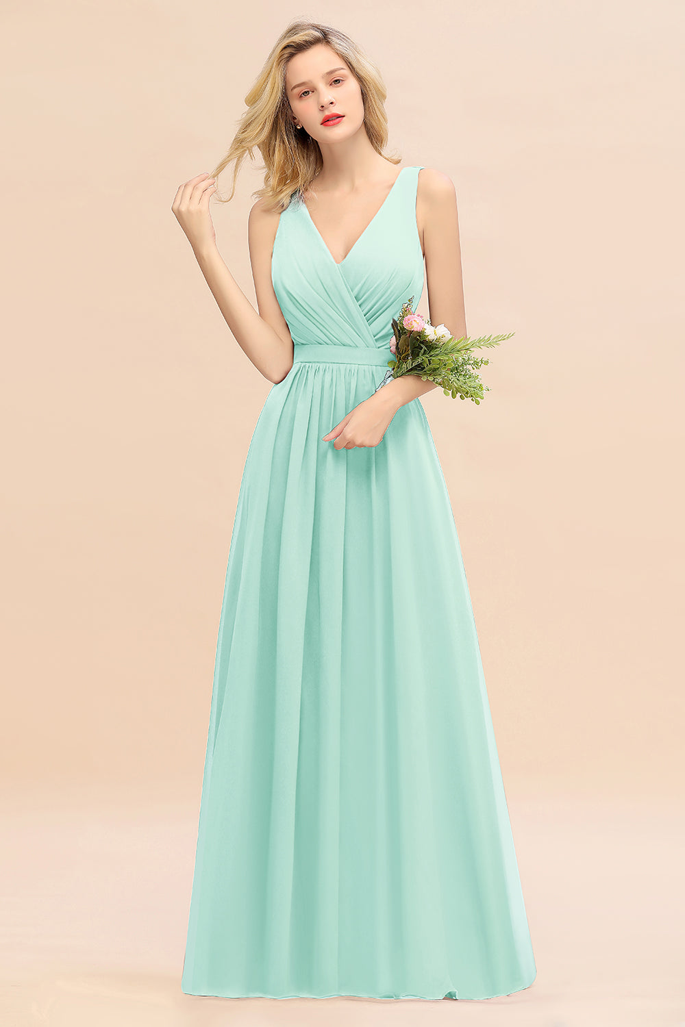 BMbridal Affordable V Ausschnitt Ruffle Long Grape Chiffon Bridesmaid Dress with Schleife