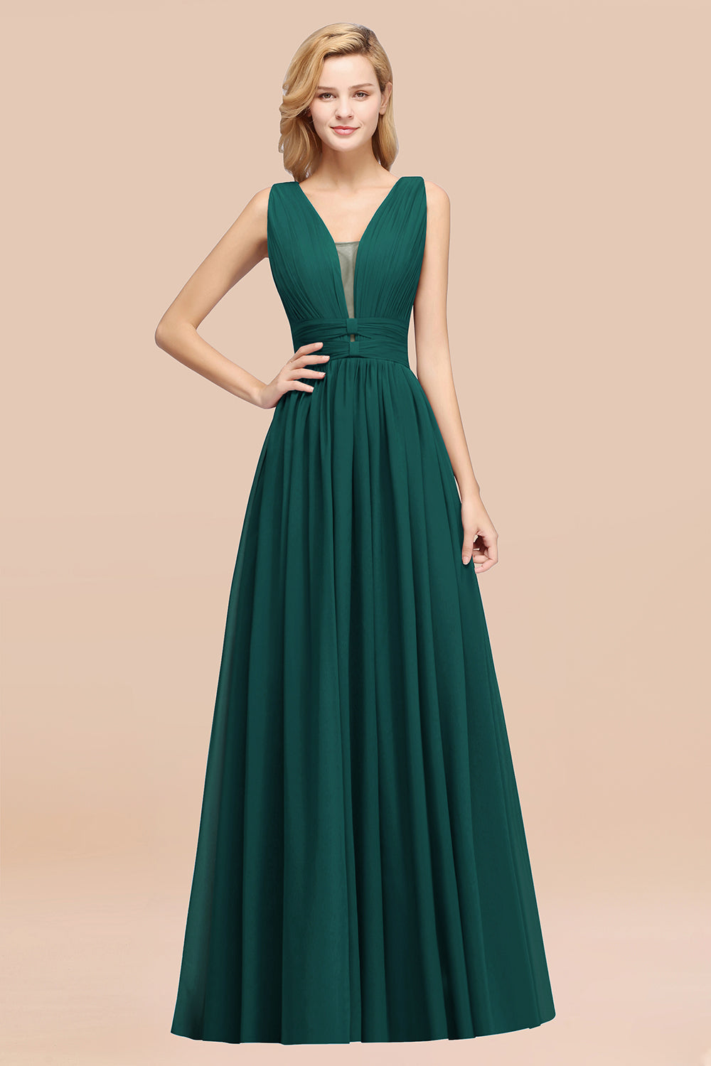 BMbridal Modest Dark Green Long Bridesmaid Dress Deep V Ausschnitt Chiffon Maid of Honor Dress