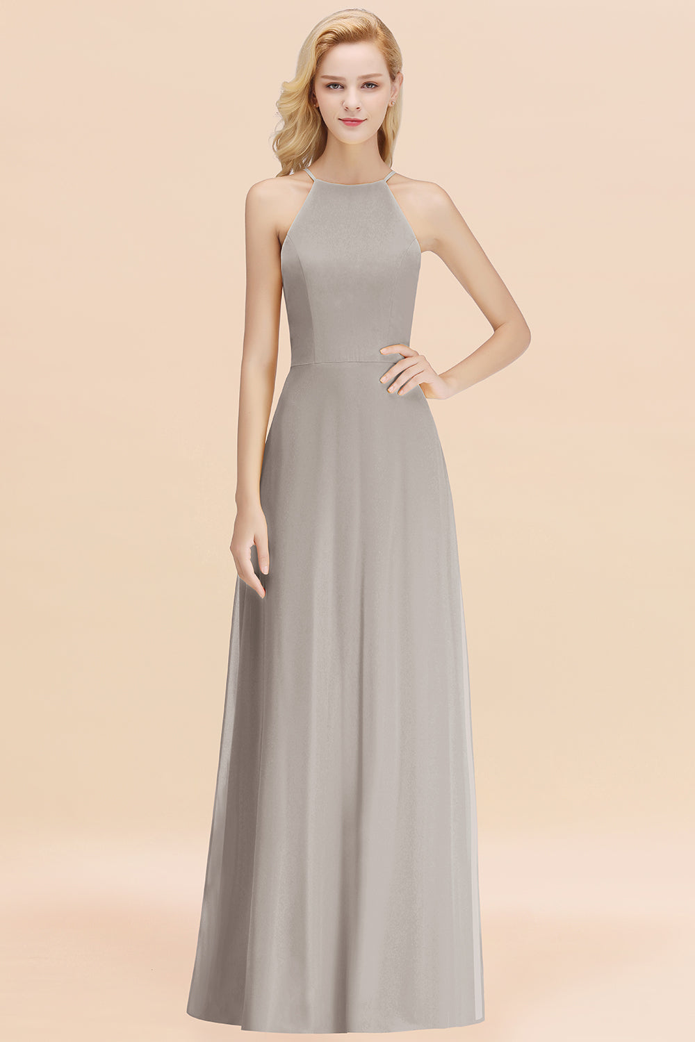 BMbridal Modest High-Neck Yellow Chiffon Affordable Bridesmaid Dresses Online