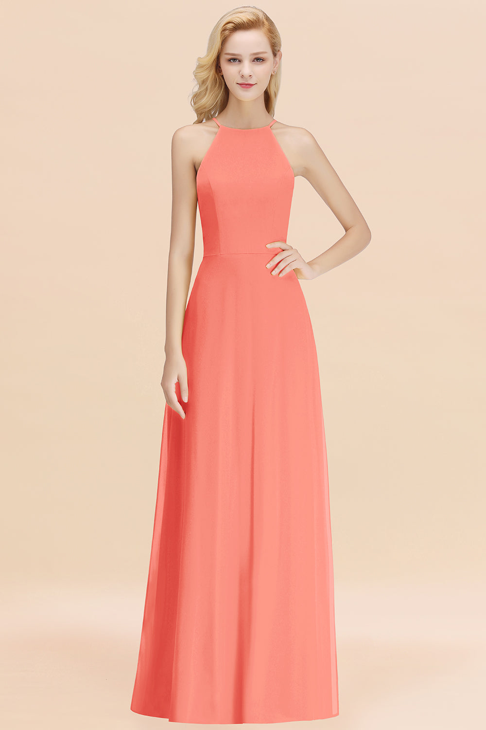 BMbridal Modest High-Neck Yellow Chiffon Affordable Bridesmaid Dresses Online