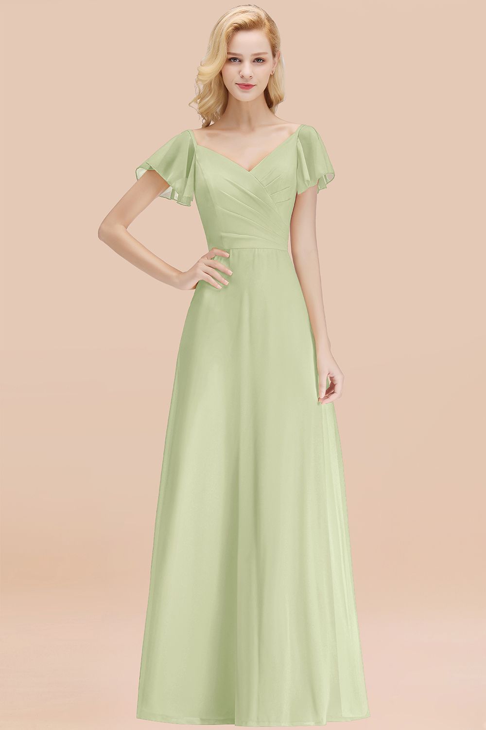 BMbridal Elegent Short-Sleeve Long Bridesmaid Dress Online Yellow Chiffon Hochzeit Party Dress